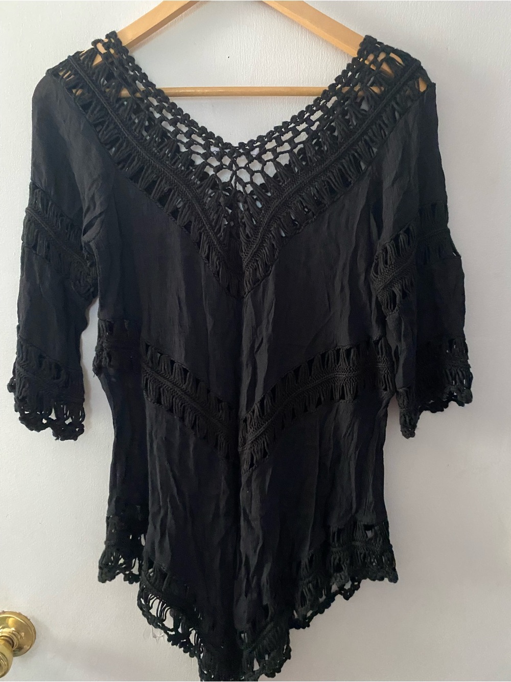 Paradise Black Crochet V-Neck Women’s Top/Swimsuit Cover w/ See-Through Design - Picture 2 of 7